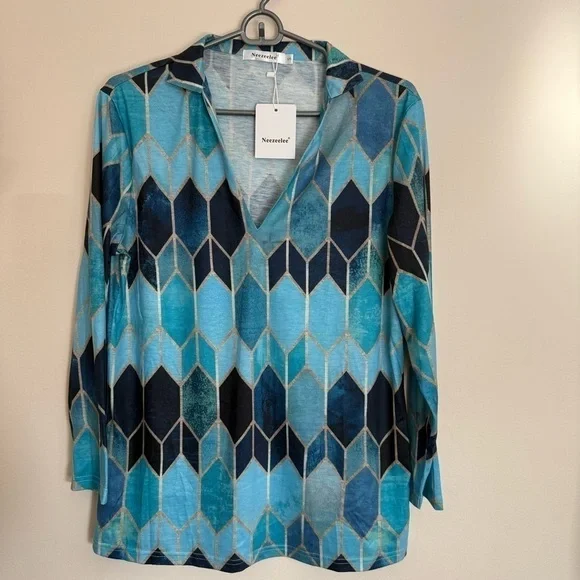 NWT Neezeelee s Color Block Casual Tunics Collar Long Sleeve V Neck Blouse - Picture 2 of 9
